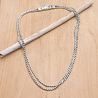 Men’s sterling silver chain necklace, 'Layer of Protection' - Balinese Men’s Sterling Silver Double Strand Chain Necklace