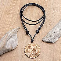 Leather cord pendant necklace, 'Viking Guide' - Leather Viking Pendant Necklace with Adjustable Length
