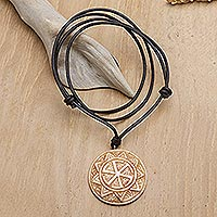 Leather cord pendant necklace, 'Mighty Sun' - Leather Slavic Pendant Necklace with Adjustable Length