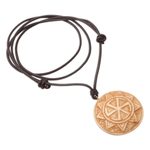 Leather cord pendant necklace, 'Mighty Sun' - Leather Slavic Pendant Necklace with Adjustable Length