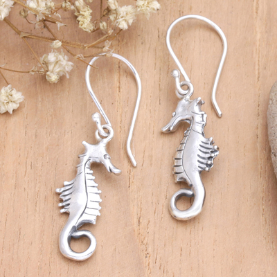 Polished Sterling Silver Seahorse Dangle Earrings from Bali