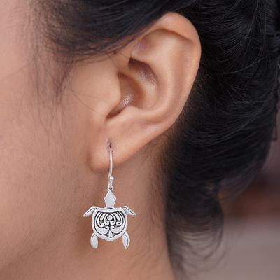 Sterling silver dangle earrings, 'Serene Swimming' - Polished Sterling Silver Turtle Dangle Earrings from Bali