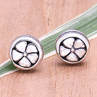 Sterling silver stud earrings, 'Tropical Blossom' - Polished Floral Sterling Silver Stud Earrings from Bali