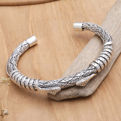 Men's sterling silver cuff bracelet, 'Woven Snake' - Bali Men's Sterling Silver Cuff Bracelet with Snake Motif