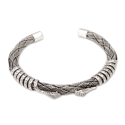 Men's sterling silver cuff bracelet, 'Woven Cobra' - Men's Sterling Silver Bohemian Snake Cuff Bracelet from Bali