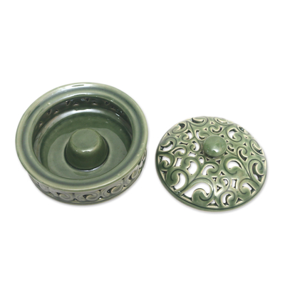Porcelain mosquito coil holder, 'Flowing Calm in Green' - Green Porcelain Mosquito Coil Holder Handcrafted in Bali