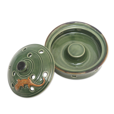 Porcelain mosquito coil holder, 'Lizard with Polka Dots' - Green Handmade Lizard-Themed Porcelain Mosquito Coil Holder