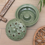 Porcelain mosquito coil holder, 'Plumeria Blooms in Green' - Balinese Handmade Green Porcelain Mosquito Coil Holder