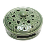 Porcelain mosquito coil holder, 'Plumeria Blooms in Green' - Balinese Handmade Green Porcelain Mosquito Coil Holder