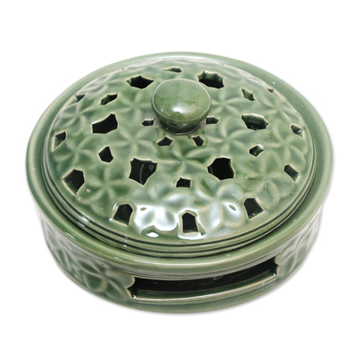 Porcelain mosquito coil holder, 'Plumeria Blooms in Green' - Balinese Handmade Green Porcelain Mosquito Coil Holder
