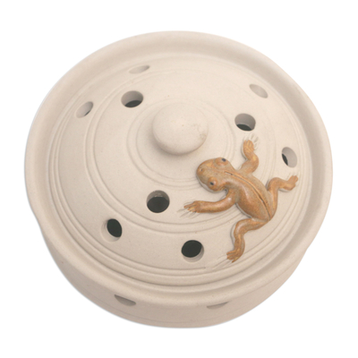 Porcelain mosquito coil holder, 'Resting Frog' - Handmade Porcelain Mosquito Coil Holder with Frog Theme