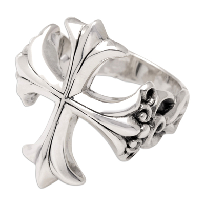 Men's sterling silver cocktail ring, 'Cross of Illumination' - Men's Polished Sterling Silver Cross Cocktail Ring from Bali