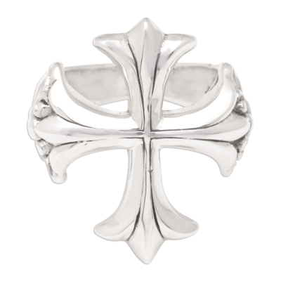 Men's sterling silver cocktail ring, 'Cross of Illumination' - Men's Polished Sterling Silver Cross Cocktail Ring from Bali