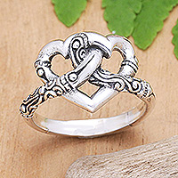 Sterling silver cocktail ring, 'United Love' - Romantic Sterling Silver Cocktail Ring with Heart Motifs