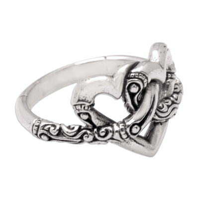 Sterling silver cocktail ring, 'United Love' - Romantic Sterling Silver Cocktail Ring with Heart Motifs