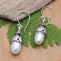 Cultured pearl dangle earrings, 'Leafy Fruit' - Cultured Pearl Dangle Earrings with Leafy Motifs