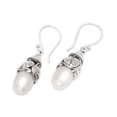 Cultured pearl dangle earrings, 'Leafy Fruit' - Cultured Pearl Dangle Earrings with Leafy Motifs
