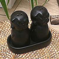 Ceramic salt and pepper set, 'Dark Felines' - Ceramic Cat Salt and Pepper Set in Black Hues Made in Bali