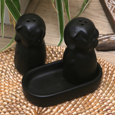 Juego de sal y pimienta de cerámica - Juego de salero y pimentero de cerámica para gatos en tonos negros Hecho en Bali