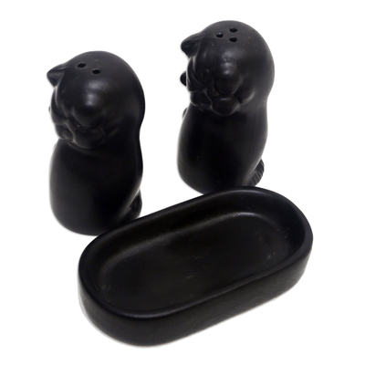 Salz- und Pfefferset aus Keramik - Salz- und Pfefferset für Katzen aus Keramik in schwarzen Farbtönen, hergestellt in Bali