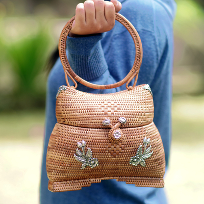 Natural fiber handbag, 'Ethereal Garden' - Natural Fiber Handbag with Sterling Silver Floral Motifs