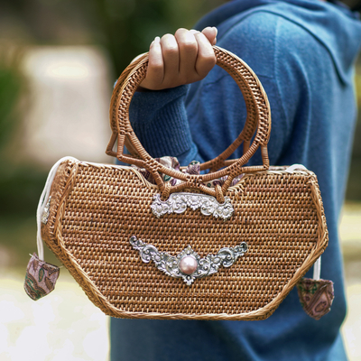 Natural fiber handbag, 'Pearl Spirit' - Natural Fiber Handbag with Pink Pearl and Sterling Silver