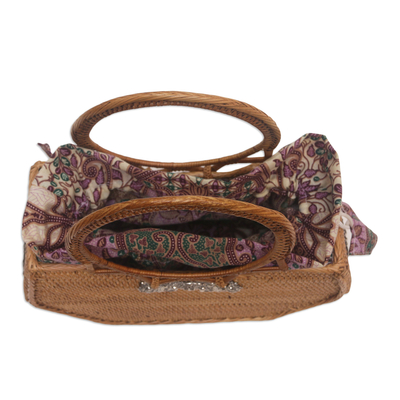 Natural fiber handbag, 'Pearl Spirit' - Natural Fiber Handbag with Pink Pearl and Sterling Silver