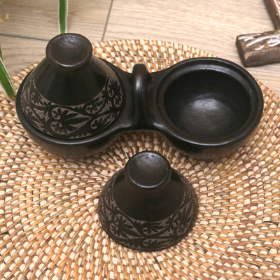 Ceramic condiment bowls, 'Leafy Taste' - Black Ceramic Condiment Bowls with Leafy Motifs and Lids