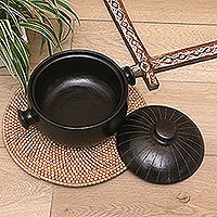 Ceramic lidded bowl, 'Dark Delight' - Black Ceramic Lidded Bowl with Polished Finish