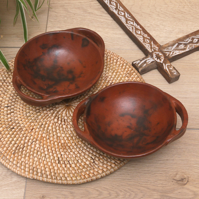 Ceramic serving bowls, 'Brown Feast' (pair) - Pair of Brown Ceramic Serving Bowls Crafted in Indonesia