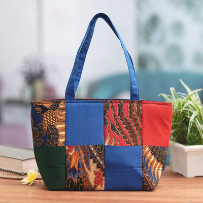 Cotton batik tote handbag, Blue Puzzle