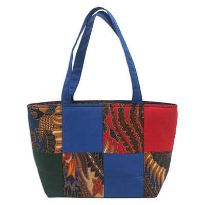 Tote-Handtasche aus Baumwoll-Batik - Blaue Baumwollhandtasche mit Batikmotiven und Reißverschluss