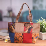 Cotton batik tote handbag, 'Brown Puzzle' - Brown Cotton Handbag with Batik Motifs and Zipper Closure