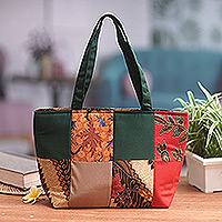 Cotton batik tote handbag, 'Green Puzzle' - Green Cotton Handbag with Batik Motifs and Zipper Closure
