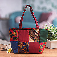 Cotton batik tote handbag, 'Red Puzzle'