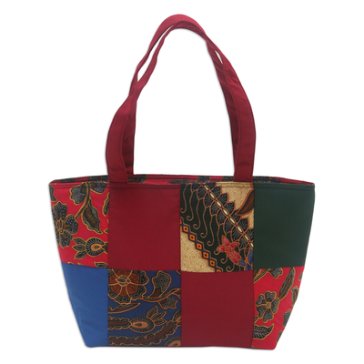 Cotton batik tote handbag, 'Red Puzzle' - Red Cotton Handbag with Batik Motifs and Zipper Closure