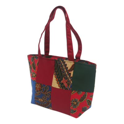 Cotton batik tote handbag, 'Red Puzzle' - Red Cotton Handbag with Batik Motifs and Zipper Closure