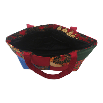 Tote-Handtasche aus Baumwoll-Batik - Rote Baumwollhandtasche mit Batikmotiven und Reißverschluss