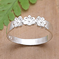 Sterling silver band ring, 'Floral Trio' - Sterling Silver Band Ring with Floral Motifs from Bali