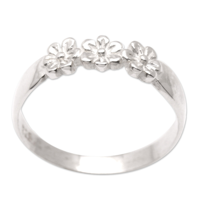 Sterling silver band ring, 'Floral Trio' - Sterling Silver Band Ring with Floral Motifs from Bali