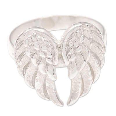 Sterling silver cocktail ring, 'Angel's Flight' - Unisex Sterling Silver Angel Wings Cocktail Ring from Bali