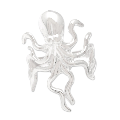 Sterling silver cocktail ring, 'Octopus Charm' - Unisex Sterling Silver Octopus Cocktail Ring from Bali