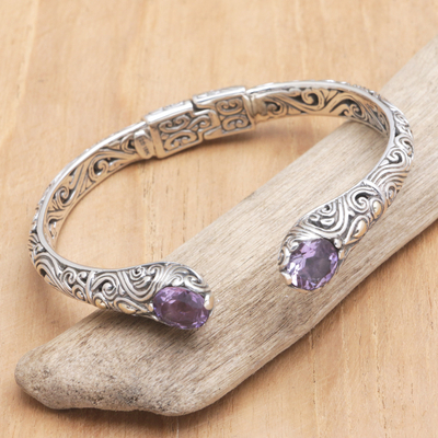 Gold-accented amethyst cuff bracelet, 'Purple Bali Paths' - 18k Gold-Accented Cuff Bracelet with Faceted Amethyst Gems