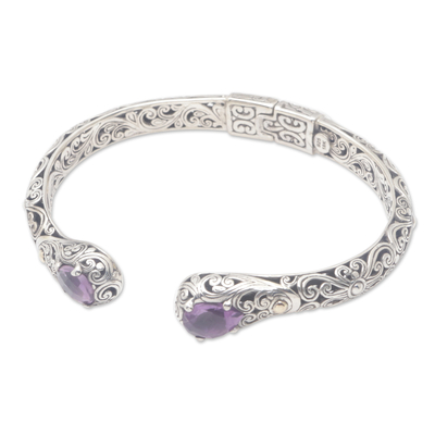 Gold-accented amethyst cuff bracelet, 'Purple Damsel' - Balinese 18k Gold-Accented Cuff Bracelet with Amethyst Gems