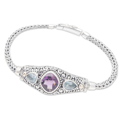 Gold-accented amethyst and blue topaz pendant bracelet, 'Purple Braids' - 18k Gold-Accented Bracelet with Amethyst and Blue Topaz Gems