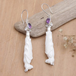 Amethyst and bone dangle earrings, 'Resting Bats' - Amethyst Bone and Sterling Silver Bat Dangle Earrings