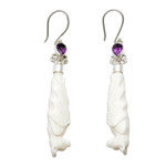 Amethyst and bone dangle earrings, 'Resting Bats' - Amethyst Bone and Sterling Silver Bat Dangle Earrings