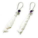 Amethyst and bone dangle earrings, 'Resting Bats' - Amethyst Bone and Sterling Silver Bat Dangle Earrings
