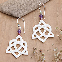 Amethyst and garnet dangle earrings, 'Trinity Love' - Celtic Trinity Knot Dangle Earrings with Amethyst and Garnet