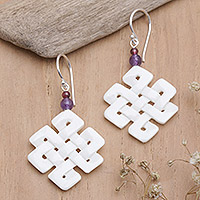 Amethyst and garnet dangle earrings, 'Knot Inspiration' - Celtic Trinity Knot Dangle Earrings with Amethyst and Garnet